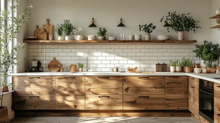 Rustic modern kitchen with wooden cabinets and indoor plants