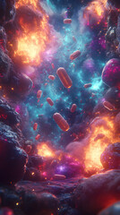 Cosmic Capsules, Pills Exploding in a Nebula of Fire and Ice, Vividly Colorful