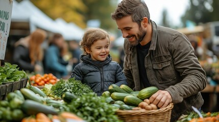 Father and child enjoying fresh produce at the farmers market