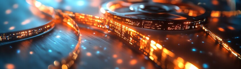 Vintage film reel reimagined with glowing digital data streams, retrofuturistic aesthetic, clean white background, ultrahigh detail