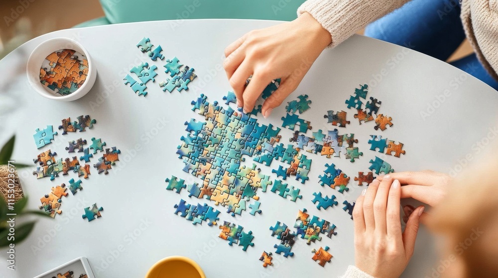 Aufkleber A pristine jigsaw puzzle workspace with pieces and a completed section neatly arranged on a table, A cozy room with natural light and comfortable seating, Minimalist recreational style