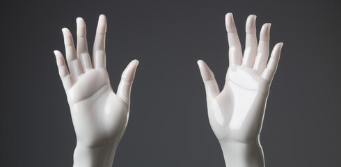 Realistic mannequin hands with elegant fingers positioned in an open gesture, showcasing the intricacies of hand design against a neutral background