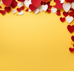 Colorful Paper Hearts on a Bright Yellow Background Perfect for Valentine's Day or Romantic Themes, Symbolizing Love and Affection in Creative Designs and Crafts