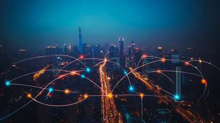 Fototapeta premium Smart digital city with connection cyber security network reciprocity over the cityscape . future smart wireless digital city and social media networking systems that connects people within the city