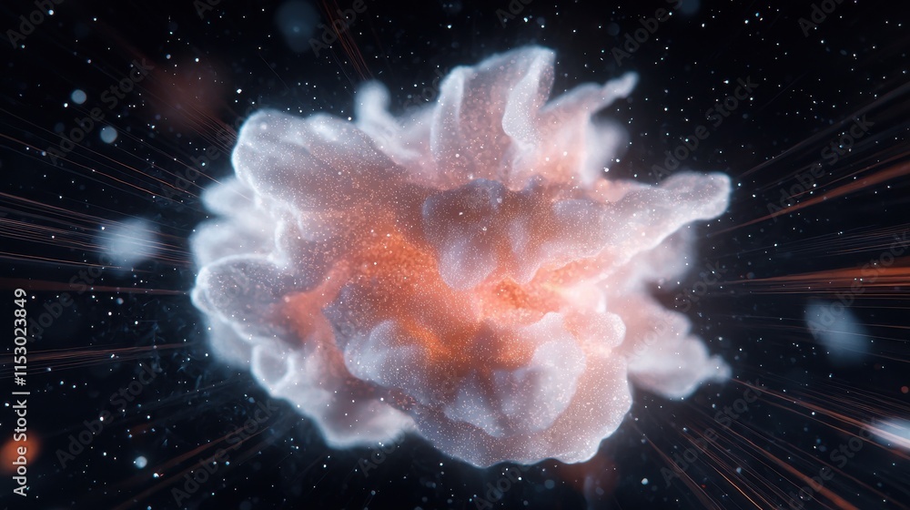 Aufkleber dynamic explosion of glowing particles cosmic space digital art vivid environment front view abstrac