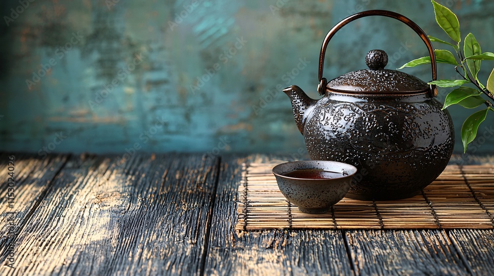 Poster a serene tea ceremony setup with traditional teaware on a simple wooden table stock photo with side 