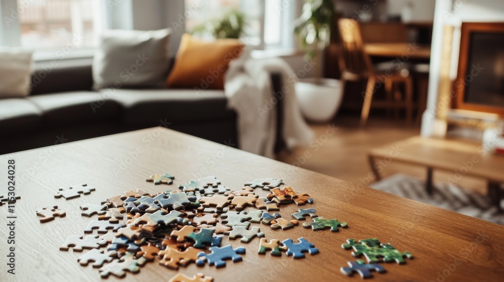 Aufkleber A pristine jigsaw puzzle workspace with pieces and a completed section neatly arranged on a table, A cozy room with natural light and comfortable seating, Minimalist recreational style