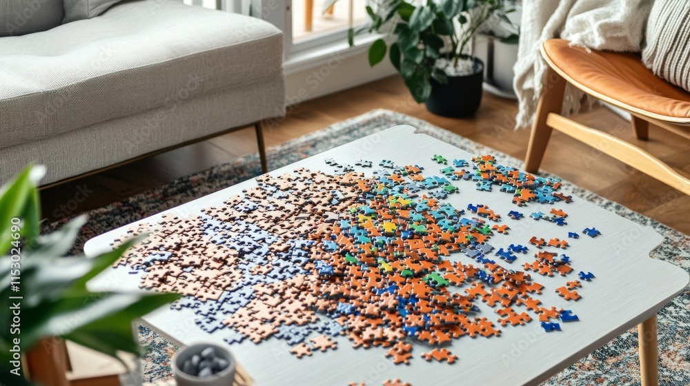 Aufkleber A pristine jigsaw puzzle workspace with pieces and a completed section neatly arranged on a table, A cozy room with natural light and comfortable seating, Minimalist recreational style