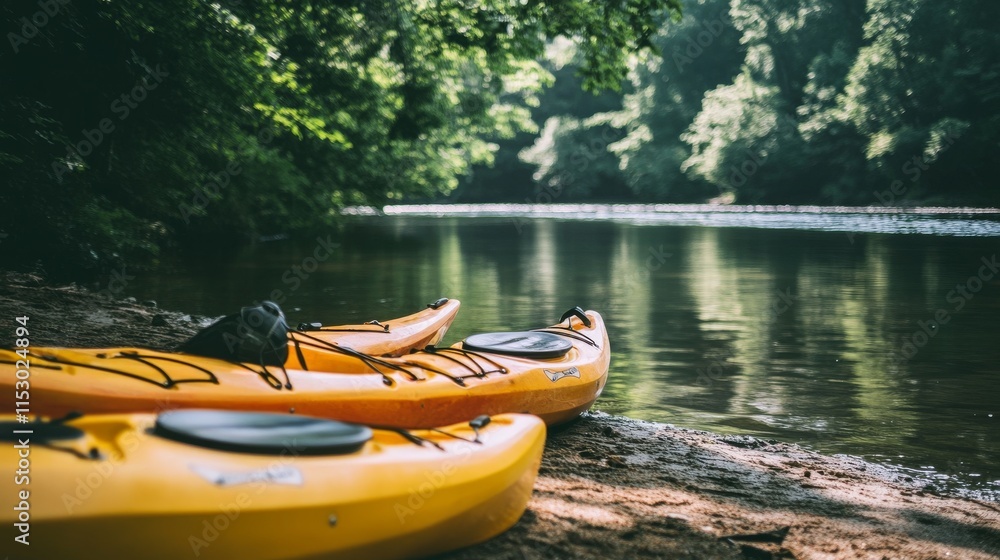 Poster a pristine kayak setup by a calm river, kayaks and paddles neatly arranged, adventurous outdoor styl