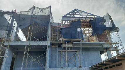Under Construction House Metal Frame Scaffolding Netting Grey Walls
