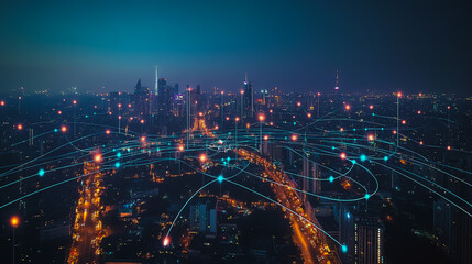 Smart digital city with connection cyber security network reciprocity over the cityscape . future smart wireless digital city and social media networking systems that connects people within the city
