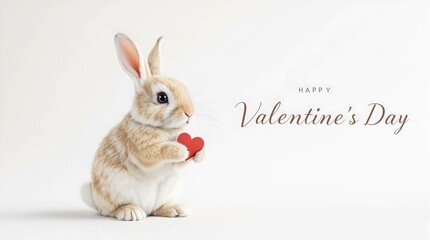 Obraz premium A cute happy valentines day bunny holding a small red heart on clean white background. Loving, sweet concept. Ideal for love, romance and greeting cards.