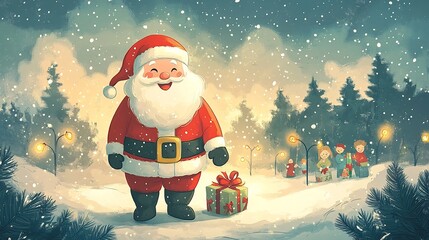 Jolly Santa Claus Delivering Christmas Gifts to Children in Whimsical Cartoon Style