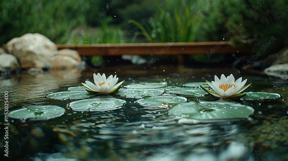 Aufkleber a tranquil pond with floating lily pads and a small wooden bridge in a japanese garden stock photo w