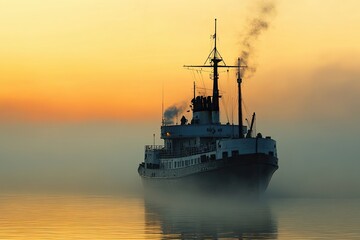 Obraz premium A vintage ship emerges through fog at sunrise.