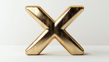 Shiny golden 3D X on a white background, symbolizing error or rejection, with a sleek, minimalist design emphasizing importance