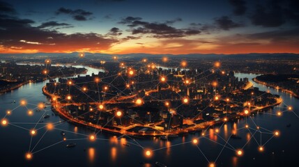 Naklejka premium Night Cityscape: Illuminated Urban Network at Sunset