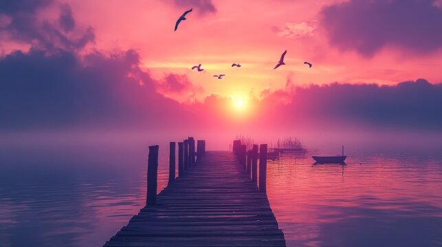 Silhouette of a wooden pier leading towards a colorful sunset on a calm lake. Birds fly in the sky.