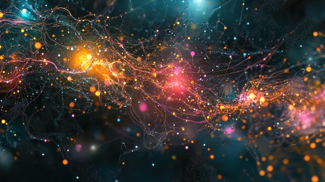 A neural network processing multilingual speech data with vibrant glowing pathways