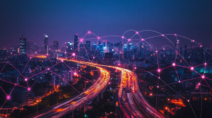 Obraz premium Smart digital city with connection cyber security network reciprocity over the cityscape . future smart wireless digital city and social media networking systems that connects people within the city