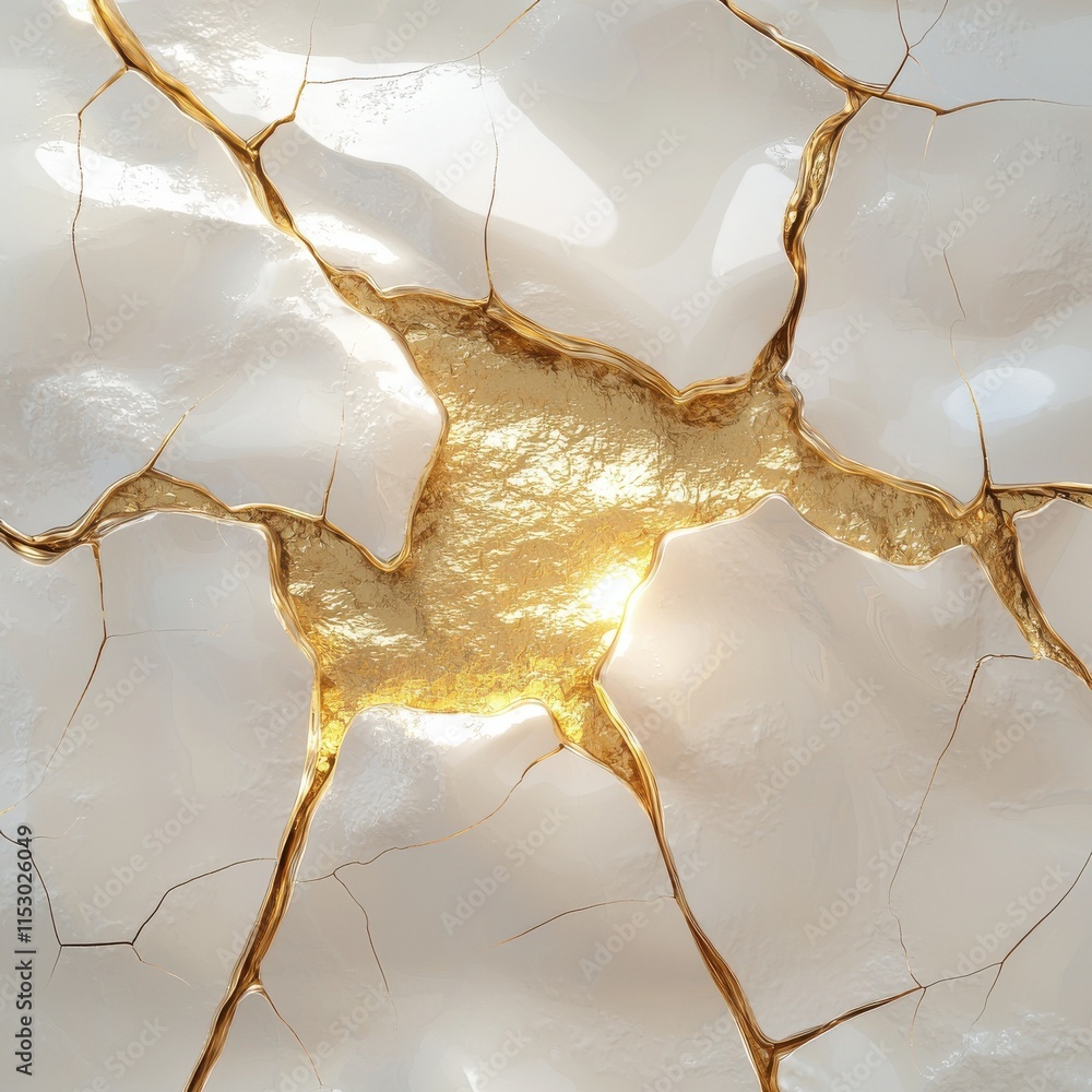 Poster cracked white surface revealing a golden core abstract texture art display studio environment close-