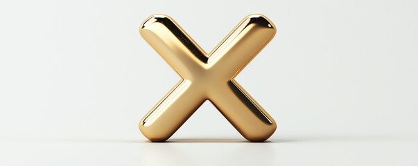 Fototapeta premium A golden 3D X symbol with a reflective surface on a white background, representing rejection and error in a clean, minimalist style
