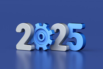 2025 text with gear icon symbolizing innovation, progress, and technology development on blue background, 3d rendering