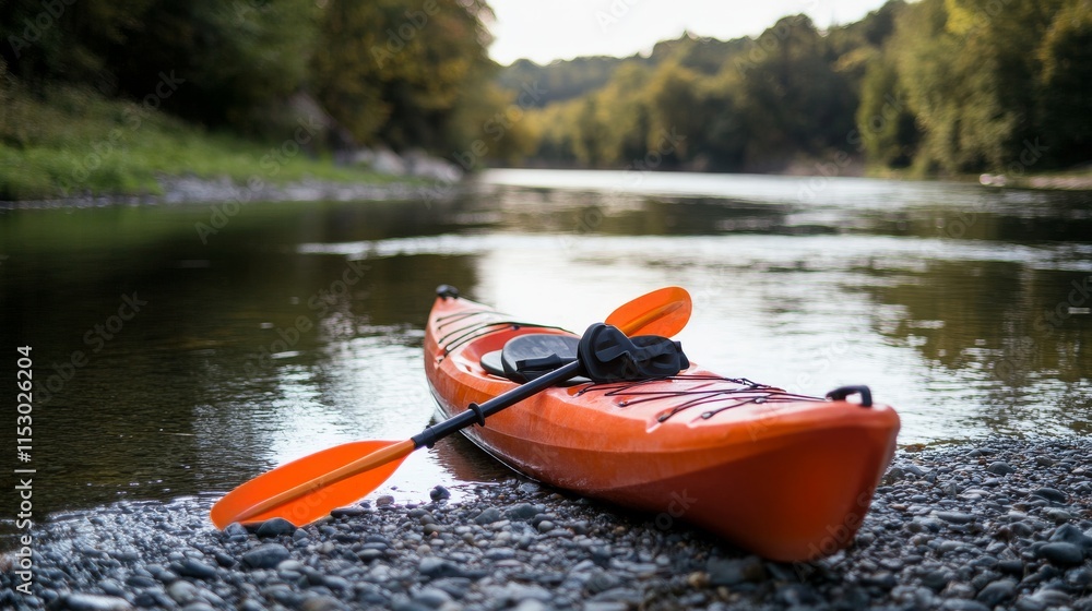 Poster a pristine kayak setup by a calm river, kayaks and paddles neatly arranged, adventurous outdoor styl
