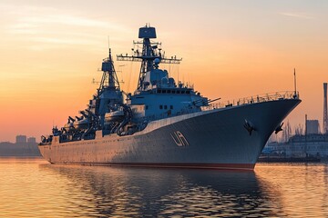Obraz premium A warship docked at sunset, showcasing military presence.