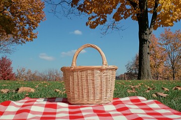 Autumn Picnic Basket on Red Gingham Blanket - Autumnal colors