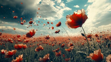 Obraz premium Poppy field in the wind with some flowers flying in the air.