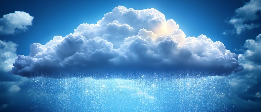 Fluffy white cloud releasing calming rain, set against a smooth blue sky, evoking tranquility, ultrahigh definition