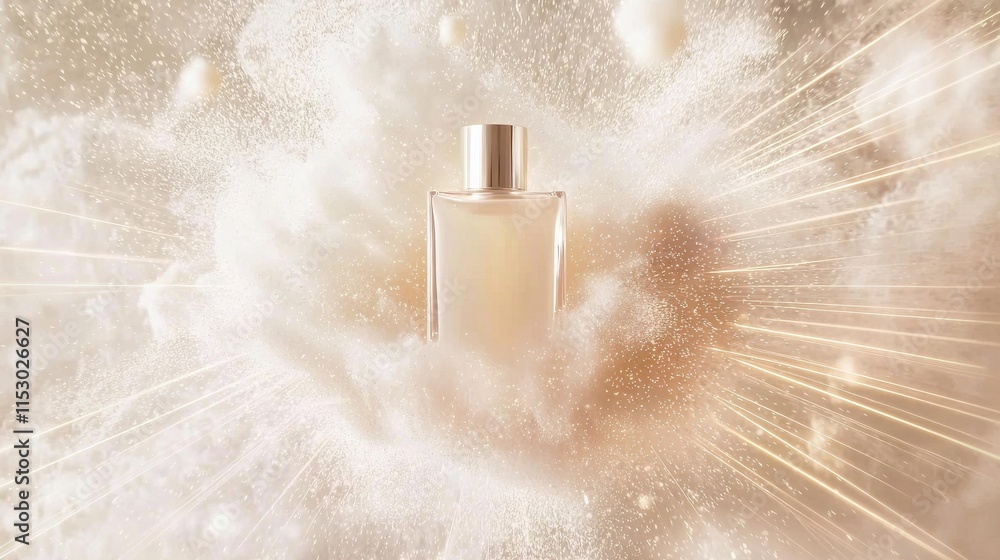 Poster dynamic explosion of glowing particles surrounding luxury perfume bottle in studio environment capti