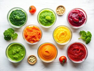 Homemade colorful vegetable puree: healthy, vibrant baby food.  Plenty of copy space.