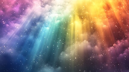 Fototapeta premium Colorful celestial scene with rainbow light rays and sparkling stars in dreamy clouds.