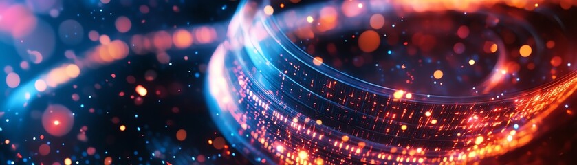 Obraz premium Futuristic film reel entwined with glowing digital data streams, vibrant binary patterns, isolated white background, ultraHD