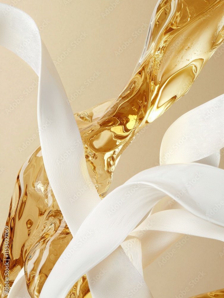 Poster flowing streams of gold liquid intertwining with white ribbons abstract art studio setting close-up 