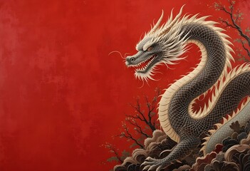 Fototapeta premium Majestic Asian Dragon on a Vibrant Red Background. Generative AI.