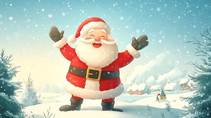 Cheerful Cartoon Style Santa Waving from Winter Wonderland Landscape
