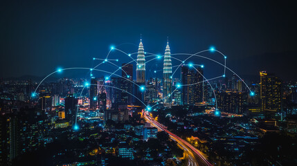 Fototapeta premium Smart digital city with connection cyber security network reciprocity over the cityscape . future smart wireless digital city and social media networking systems that connects people within the city
