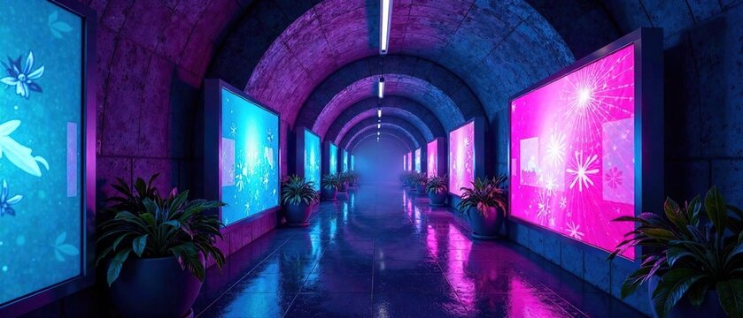 Lightbox Tunnel Walkway OOH Media Display Mockup - Futuristic Cityscape