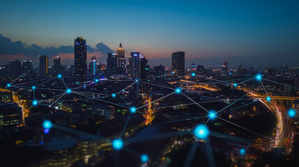 Fototapeta premium Smart digital city with connection cyber security network reciprocity over the cityscape . future smart wireless digital city and social media networking systems that connects people within the city