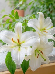 Closeup of rainsoaked lilies on a casket serene setting floral arrangement nature still life