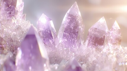 Glowing amethyst crystal clusters closeup nature soft lighting textured background artistic viewpoint