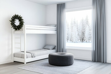 Winter Wonderland Bedroom, Stylish Bunk Bed with Festive Wreath, Grey Decor, and Snowy View