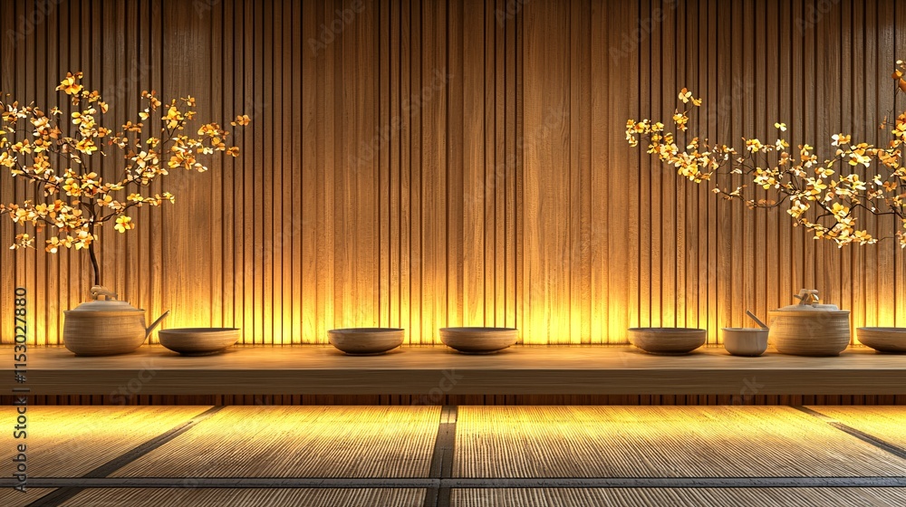 Poster a zen-inspired study area featuring clean surfaces and subtle earth tones for a calming effect stock