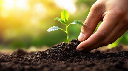 Vibrant Seedling Held by Hand Against Blurred Nature Background