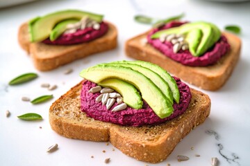 Crispy toasted rye bread with beet hummus and avocado kitchen food bright fresh healthy eating