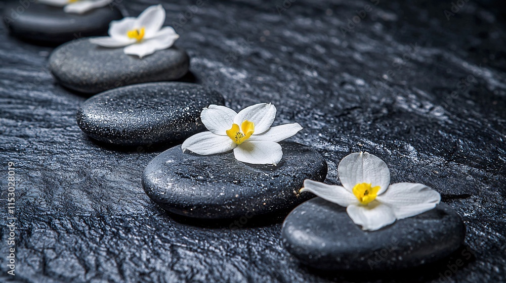 Poster A close-up of smooth black stones arranged in a line with delicate orchid petals scattered around Stock Photo with side copy space