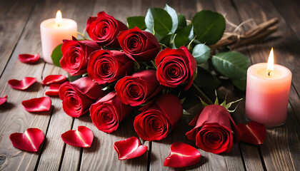 Bouquet of red roses on wooden table - candles and rose petals - Love and valentine.